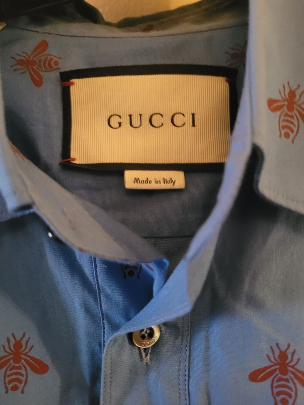 Gucci Light Blue Button-Down Shirt with Orange Bee Motif